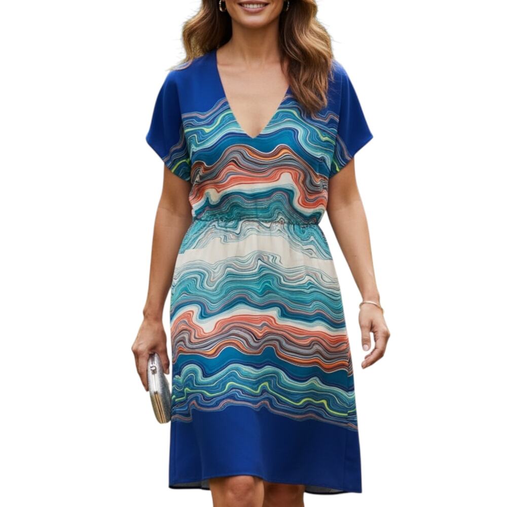 Trina Turk 100% Silk Size M Mini Dress Capsian Groovy Wave Lined Boho Hippie